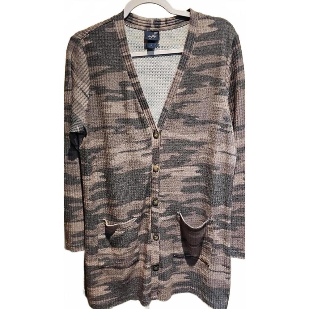 Daytrip Womens Knit Cardigan Size S Camo Waffle. Knee Length. Pockets